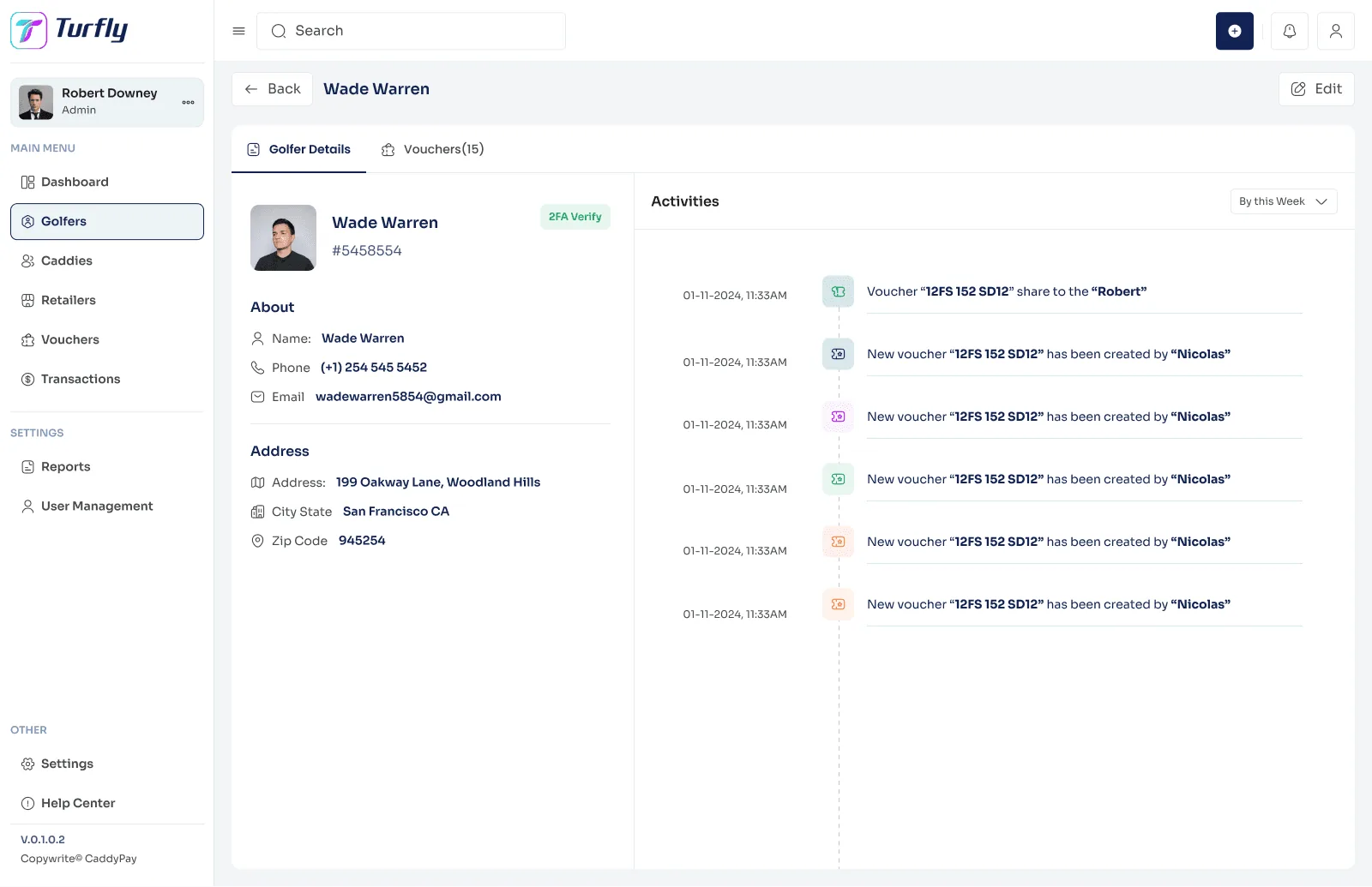 Turfly user profile and voucher history interface