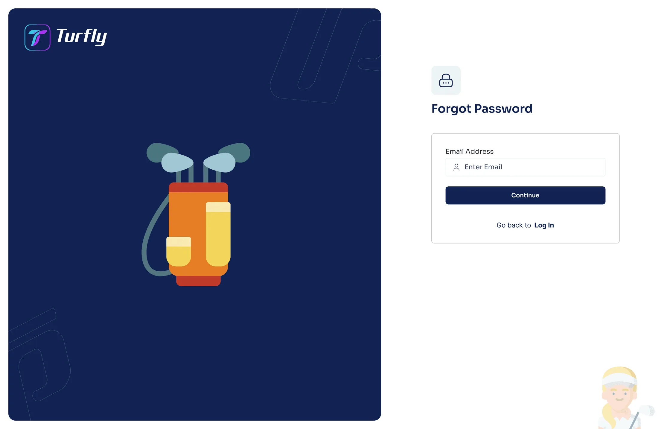 Turfly login and password recovery screens